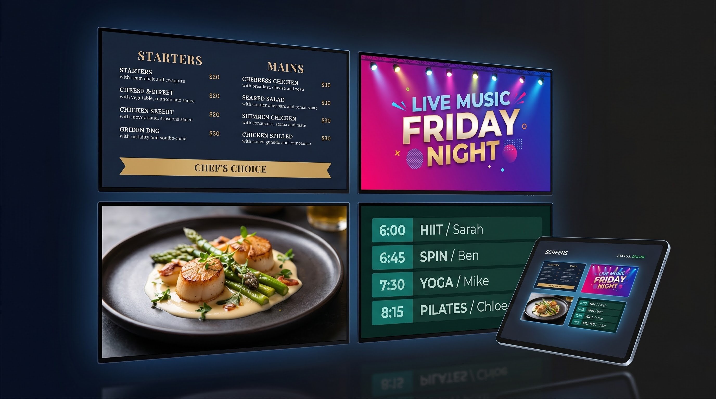 Remote-managed digital signage: multiple flat-panel displays showing restaurant menu, event poster, food marketing photo, and community schedule, with the owner admin dashboard on a laptop in the foreground